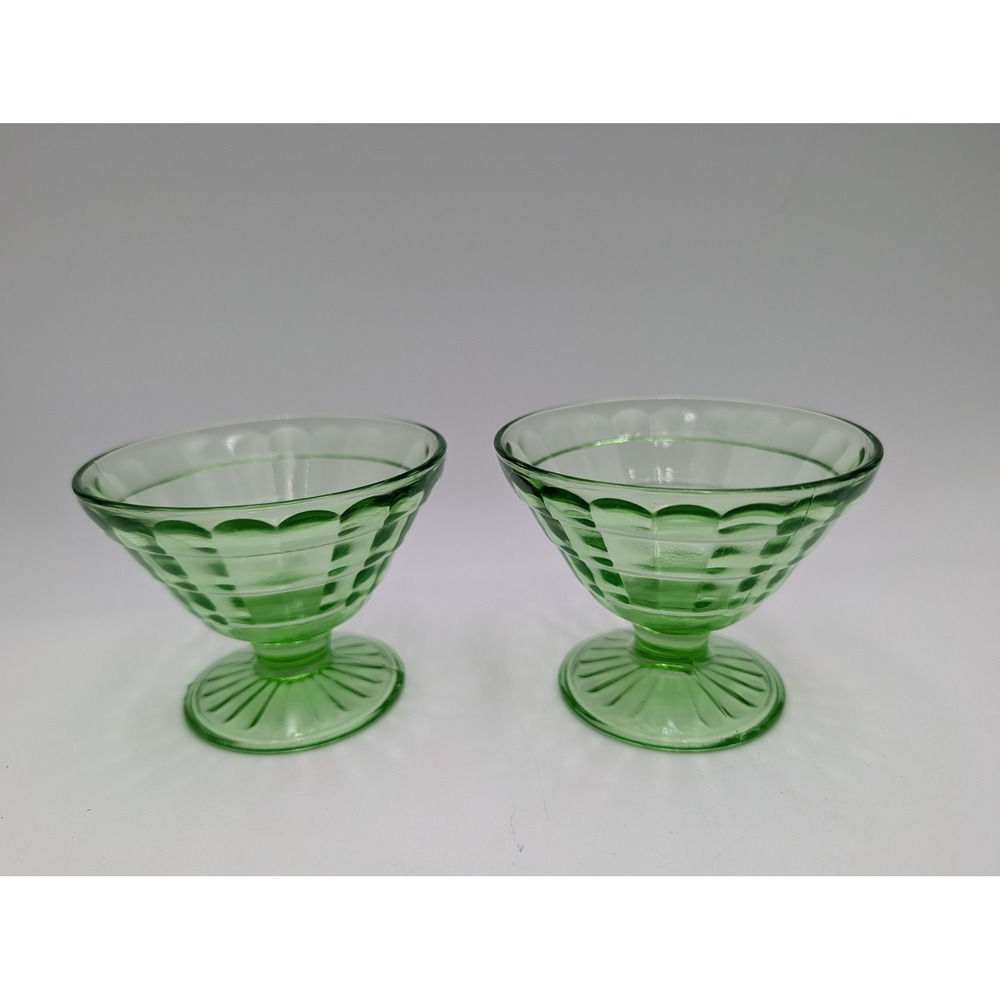 Uranium Glass Sherbet Cups Green Set of 2 Block Optic‎ Depression Glass